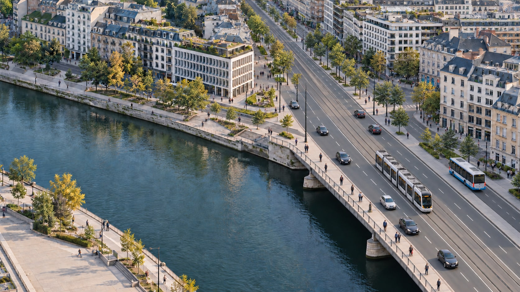 Aerial view of an urban transport network with a river bridge, a tram, a bus, and connected streets