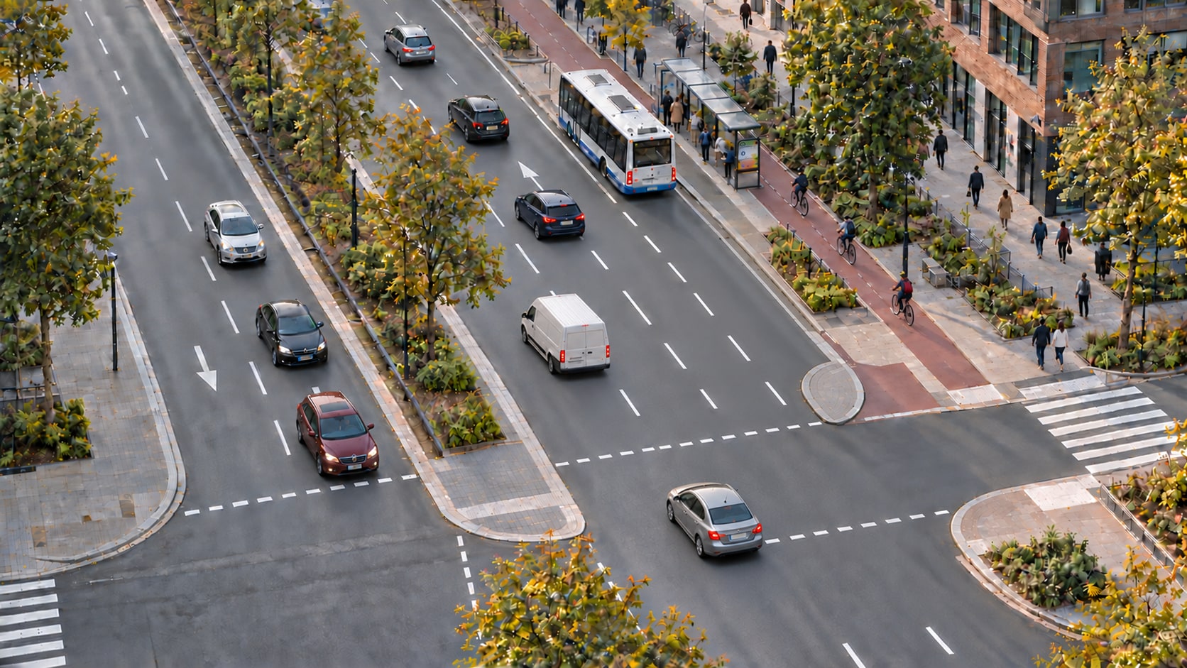 Aerial view of an active city avenue with cars, a delivery van, bus passengers, pedestrians, and cyclists on a protected cycle lane