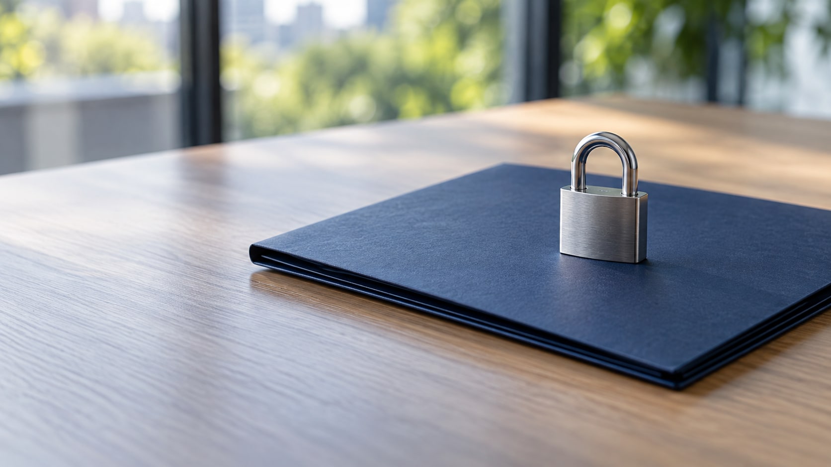 Closed navy document folder and brushed-metal padlock on a desk in soft daylight